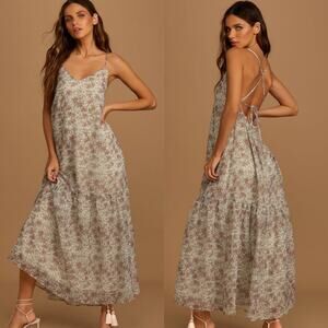 Lulus Floral Tiered Maxi Dress XS Open Lace Up Strappy Back Summer You Give Love